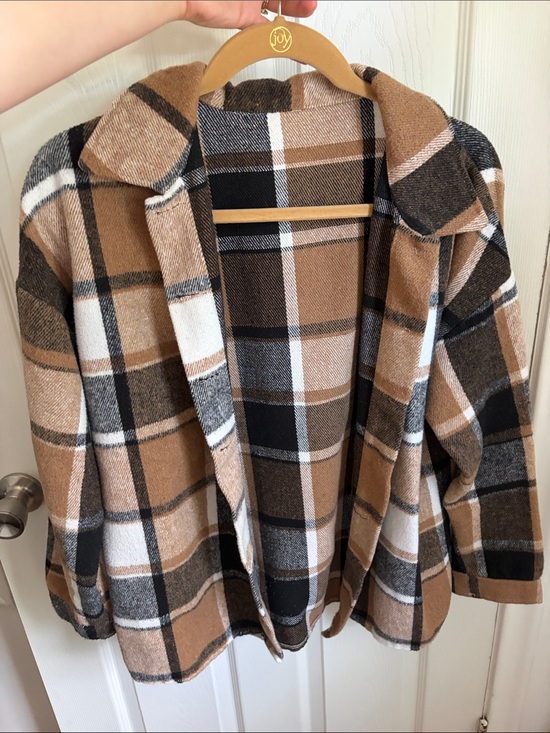 Jackets & Blazers - Plaid Open-Front Shacket Jacket - Brown/Black/White